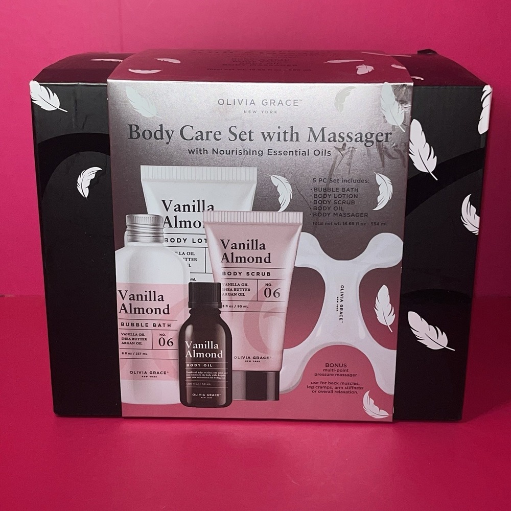 Olivia Grace Body Care 5 PC Vanilla Almond Bubble Bath-scrub-oil-lotion-massager